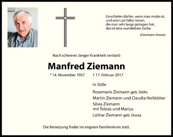 Anzeige von Manfred Ziemann von Westfälische Nachrichten