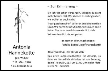 Anzeige von Antonia Hannekotte von Westfälische Nachrichten