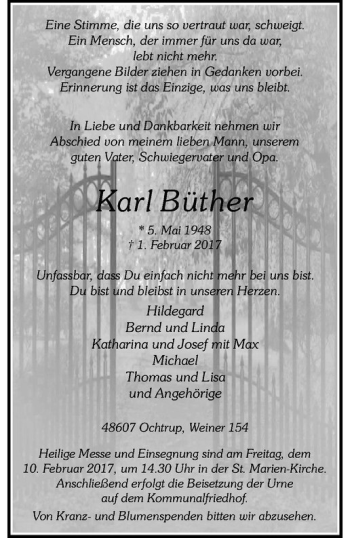 Anzeige von Karl Büther von Westfälische Nachrichten