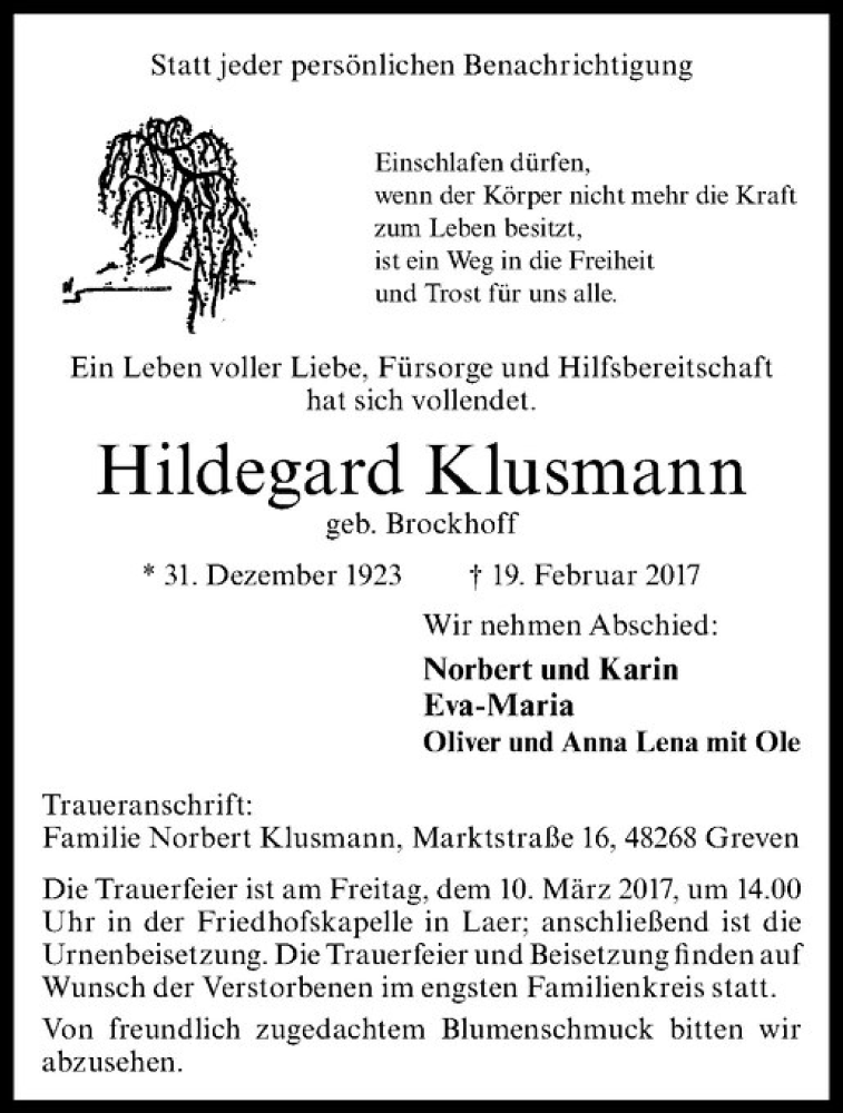  Traueranzeige für Hildegard Klusmann vom 25.02.2017 aus Westfälische Nachrichten