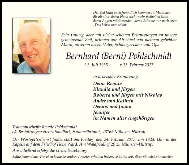  Traueranzeige für Bernhard Pohlschmidt vom 18.02.2017 aus Westfälische Nachrichten