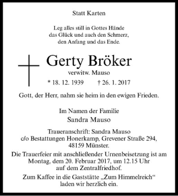 Anzeige von Gerty Bröker von Westfälische Nachrichten