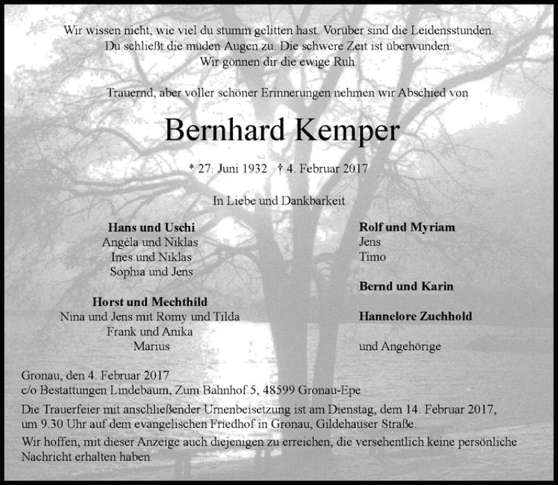  Traueranzeige für Bernhard Kemper vom 08.02.2017 aus Westfälische Nachrichten