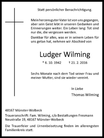 Anzeige von Ludger Wilming von Westfälische Nachrichten
