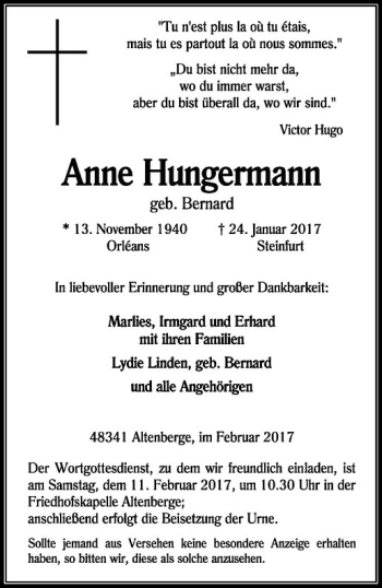 Anzeige von Anne Hungermann von Westfälische Nachrichten
