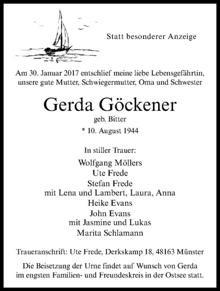  Traueranzeige für Gerda Göckener vom 04.02.2017 aus Westfälische Nachrichten