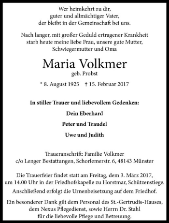 Anzeige von Maria Volkmer von Westfälische Nachrichten