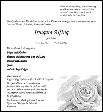 Anzeige von Irmgard Alfing von Westfälische Nachrichten