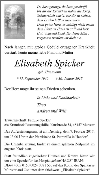 Anzeige von Elisabeth Spicker von Westfälische Nachrichten
