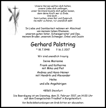 Anzeige von Gerhard Palstring von Westfälische Nachrichten