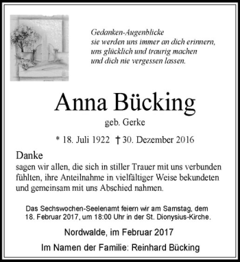 Anzeige von Anna Bücking von Westfälische Nachrichten
