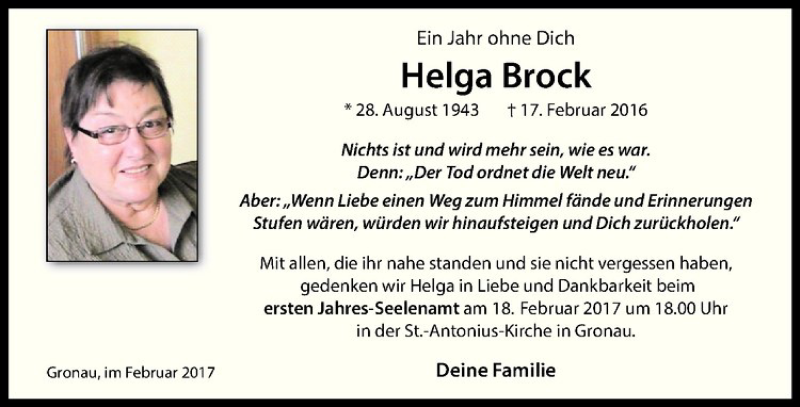  Traueranzeige für Helga Brock vom 11.02.2017 aus Westfälische Nachrichten
