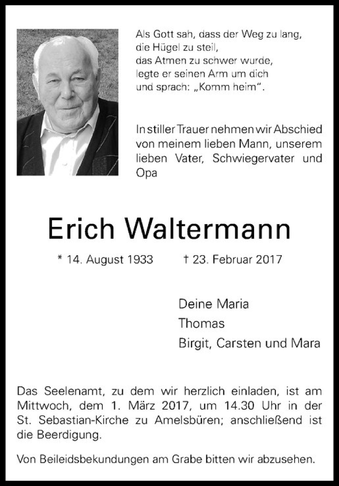  Traueranzeige für Erich Waltermann vom 27.02.2017 aus Westfälische Nachrichten