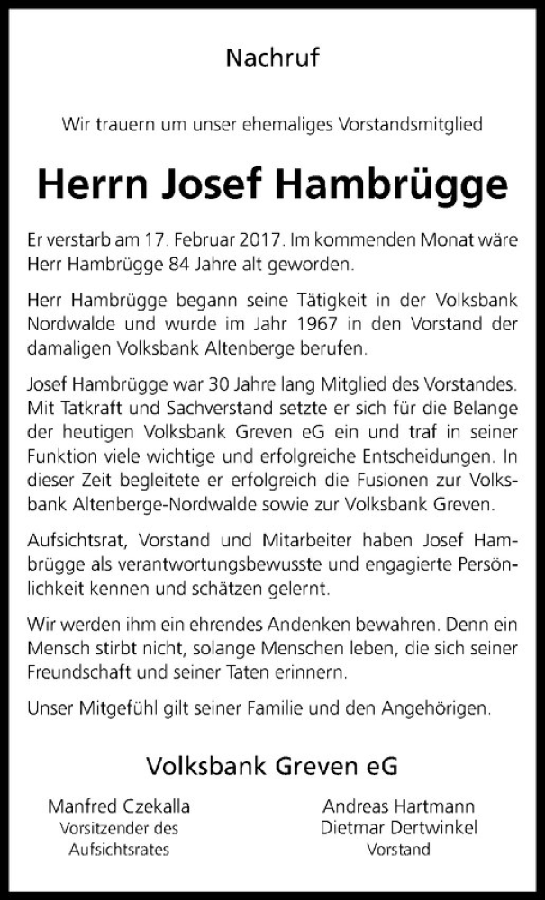  Traueranzeige für Josef Hambrügge vom 22.02.2017 aus Westfälische Nachrichten
