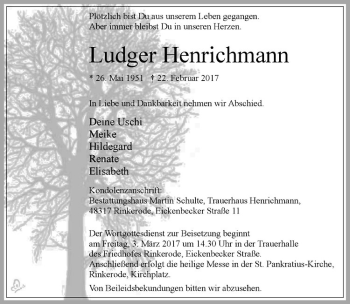 Anzeige von Ludger Heinrichmann von Westfälische Nachrichten