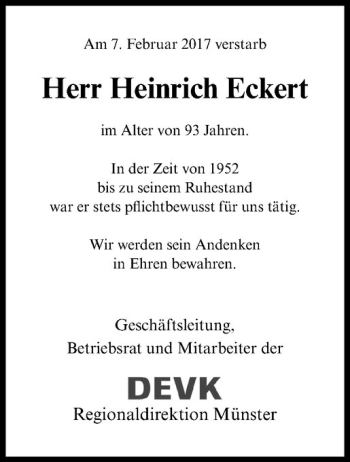 Anzeige von Heinrich Eckert von Westfälische Nachrichten