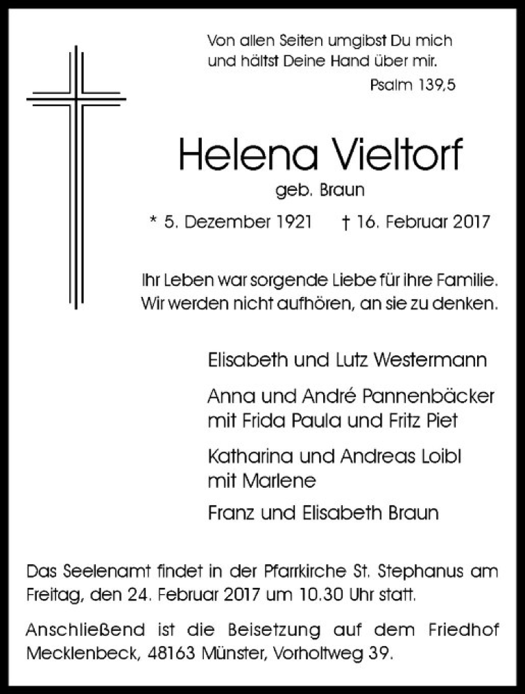  Traueranzeige für Helena Vieltorf vom 18.02.2017 aus Westfälische Nachrichten
