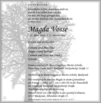 Anzeige von Magda Vosse von Westfälische Nachrichten