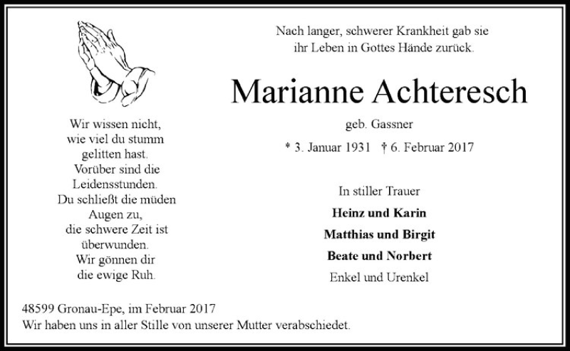  Traueranzeige für Marianne Achteresch vom 18.02.2017 aus Westfälische Nachrichten