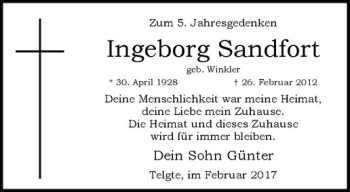 Anzeige von Ingeborg Sandfort von Westfälische Nachrichten