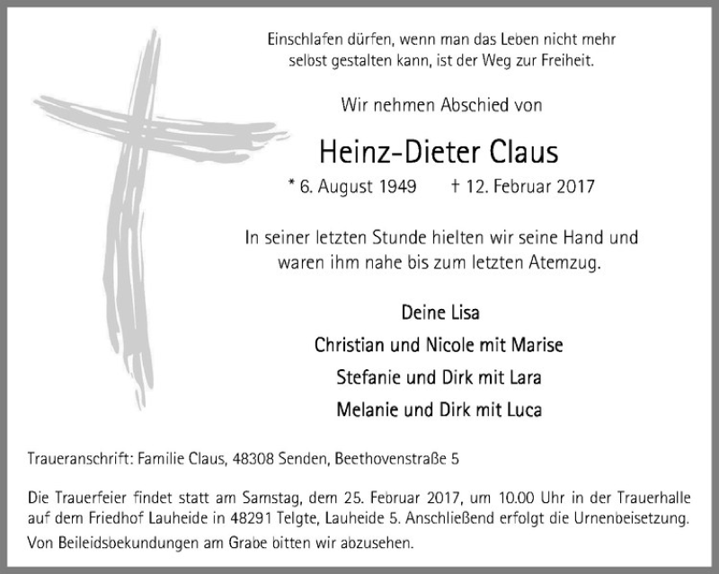  Traueranzeige für Heinz-Dieter Claus vom 20.02.2017 aus Westfälische Nachrichten