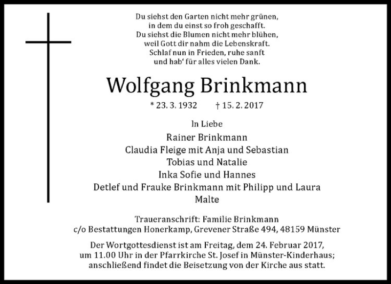  Traueranzeige für Wolfgang Brinkmann vom 20.02.2017 aus Westfälische Nachrichten