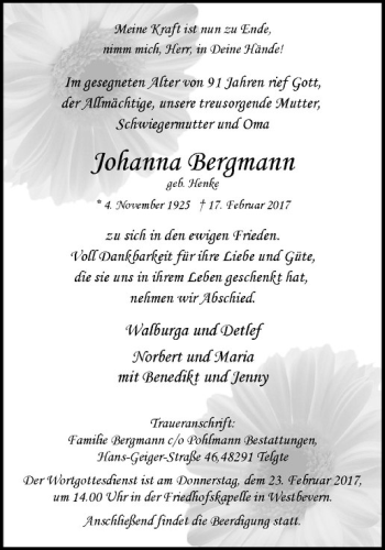Anzeige von Johanna Bergmann Henks von Westfälische Nachrichten