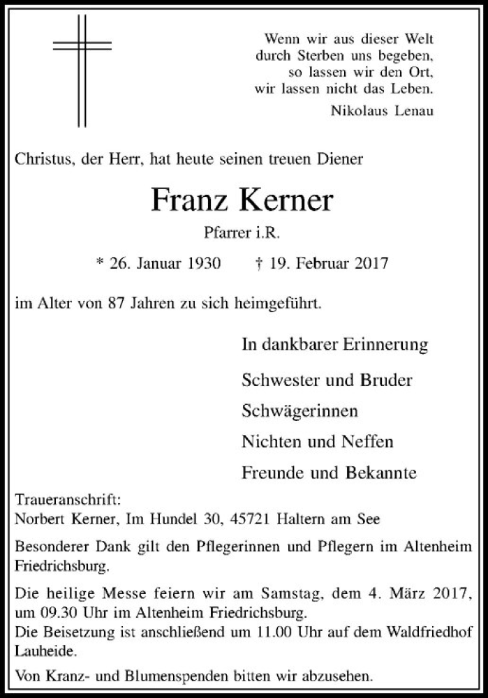  Traueranzeige für Franz Kerner vom 25.02.2017 aus Westfälische Nachrichten