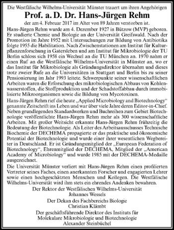 Anzeige von Hans-Jürgen Rehm von Westfälische Nachrichten