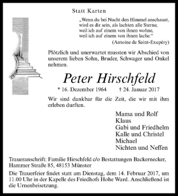 Anzeige von Peter Hirschfeld von Westfälische Nachrichten