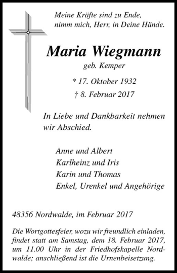 Anzeige von Maria Wiegmann von Westfälische Nachrichten