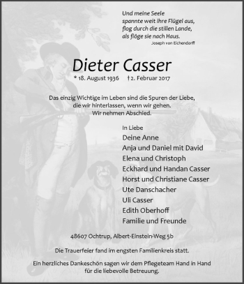 Anzeige von Dieter Casser von Westfälische Nachrichten