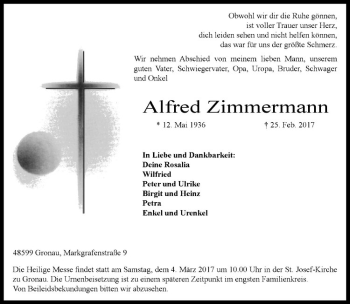 Anzeige von Alfred Zimmermann von Westfälische Nachrichten