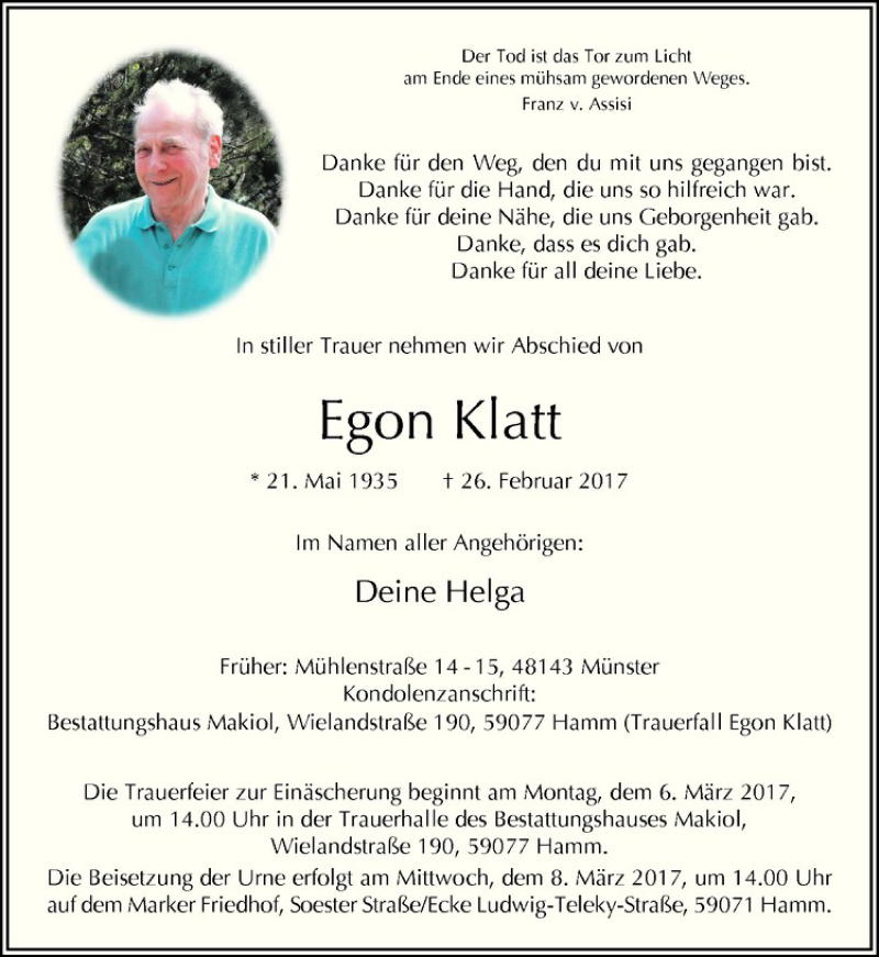  Traueranzeige für Egon Klatt vom 02.03.2017 aus Westfälische Nachrichten