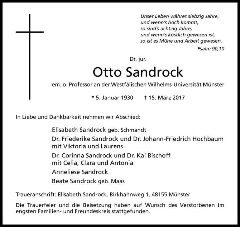  Traueranzeige für Otto Sandrock vom 25.03.2017 aus Westfälische Nachrichten