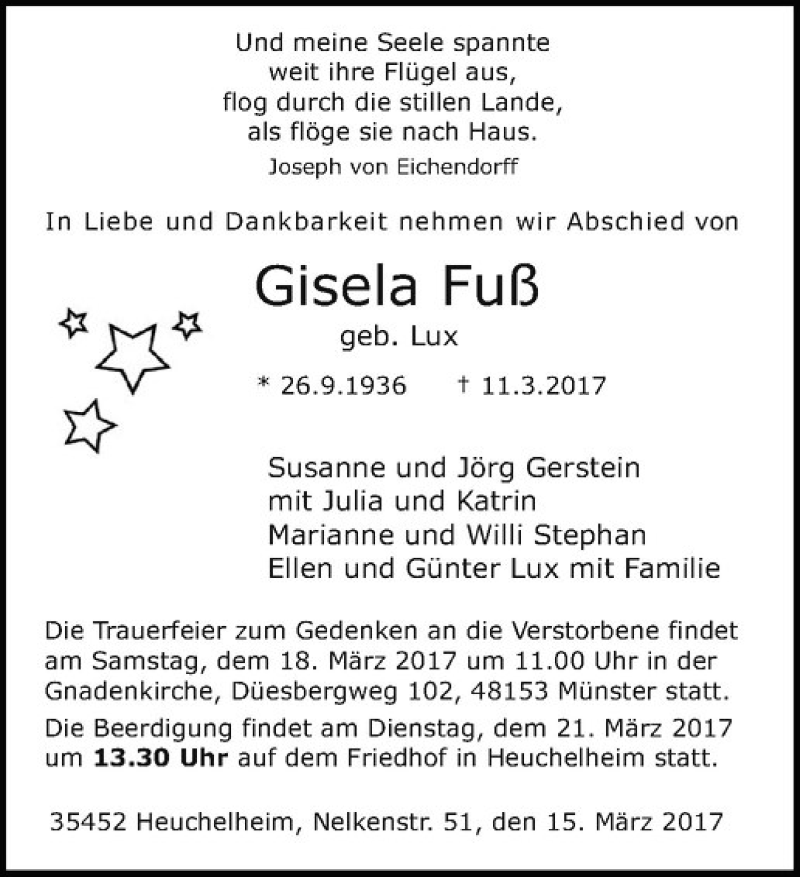  Traueranzeige für Gisela Fuß vom 15.03.2017 aus Westfälische Nachrichten
