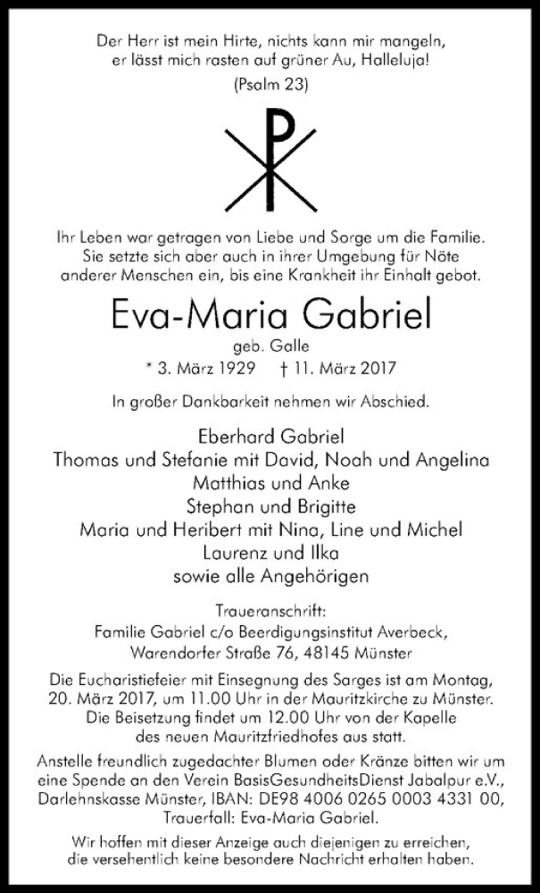  Traueranzeige für Eva-Maria Gabriel vom 18.03.2017 aus Westfälische Nachrichten