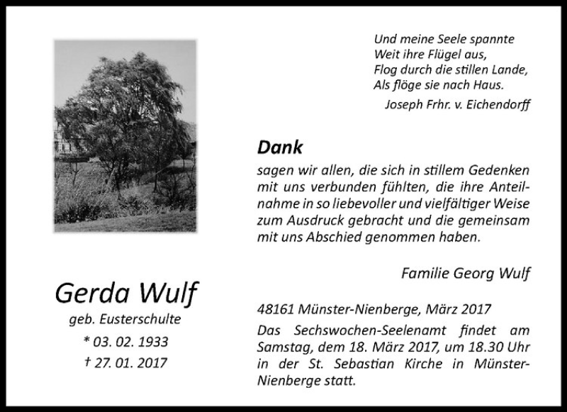  Traueranzeige für Gerda Wulf vom 11.03.2017 aus Westfälische Nachrichten