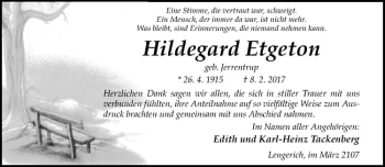 Anzeige von Hildegard Etgeton von Westfälische Nachrichten
