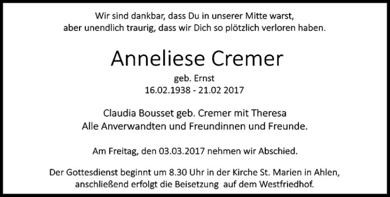  Traueranzeige für Anneliese Cremer vom 01.03.2017 aus Westfälische Nachrichten