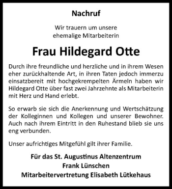 Anzeige von Hildegard Otte von Westfälische Nachrichten