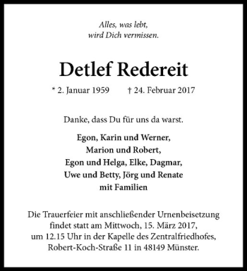 Anzeige von Detlef Redereit von Westfälische Nachrichten