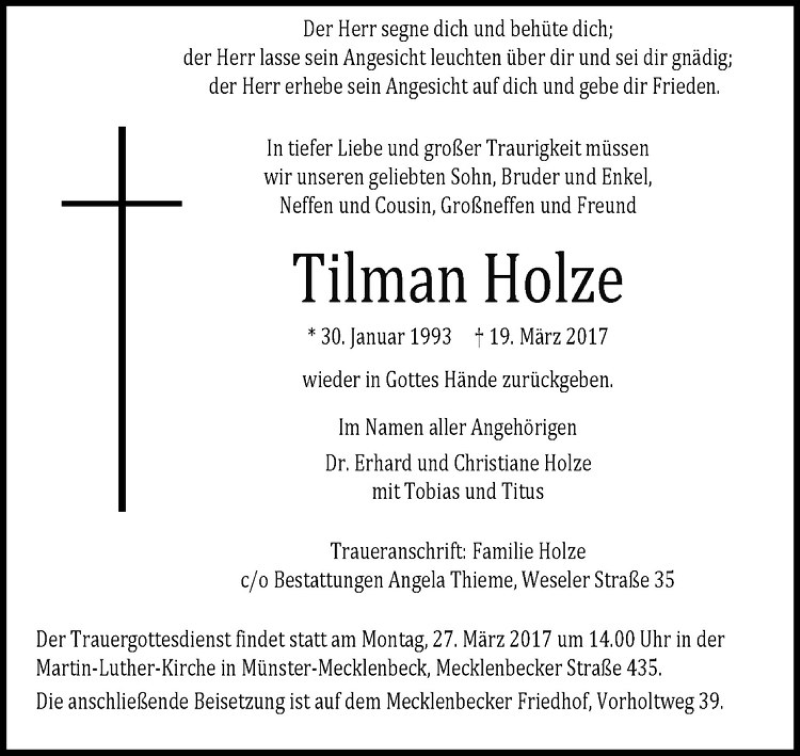  Traueranzeige für Tilman Holze vom 22.03.2017 aus Westfälische Nachrichten