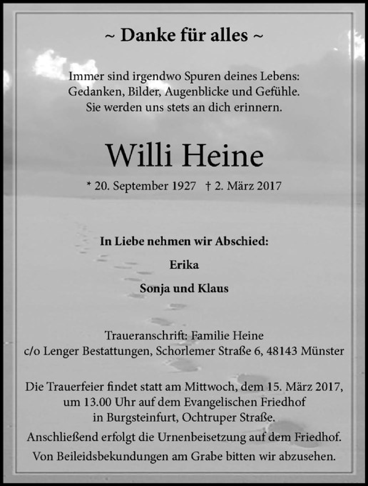  Traueranzeige für Willi Heine vom 11.03.2017 aus Westfälische Nachrichten