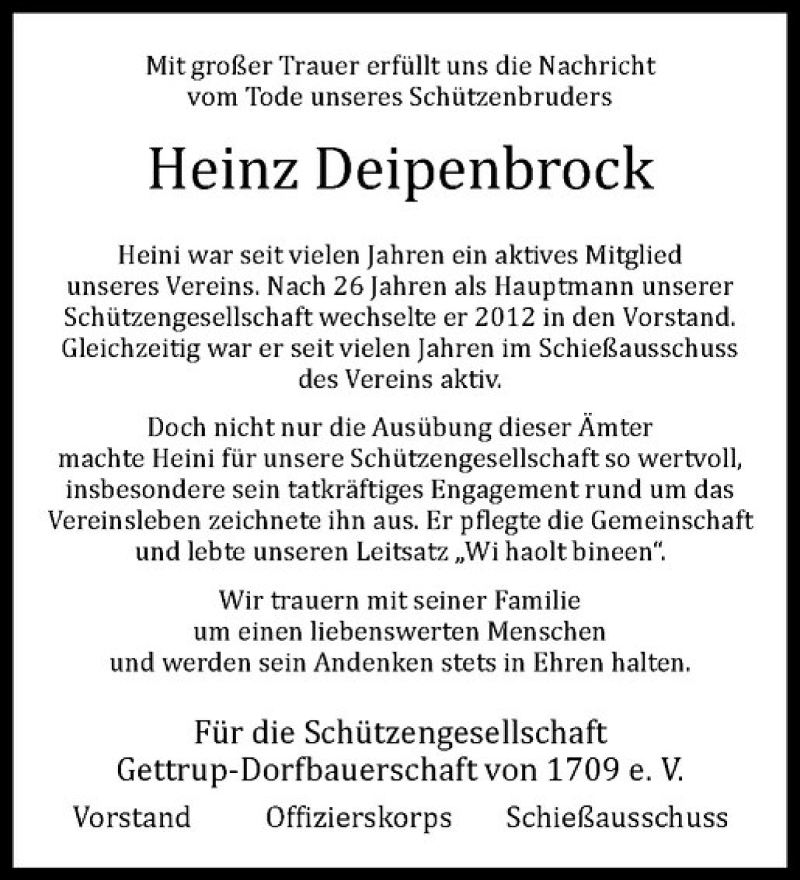  Traueranzeige für Heinz Deipenbrock vom 04.03.2017 aus Westfälische Nachrichten