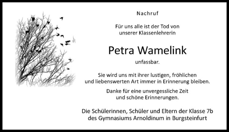  Traueranzeige für Petra Wamelink vom 15.03.2017 aus Westfälische Nachrichten