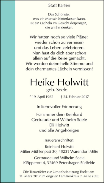 Anzeige von Heike Holwitt von Westfälische Nachrichten