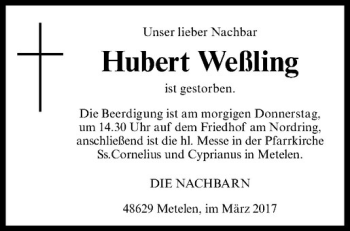 Anzeige von Hubert Weßling von Westfälische Nachrichten