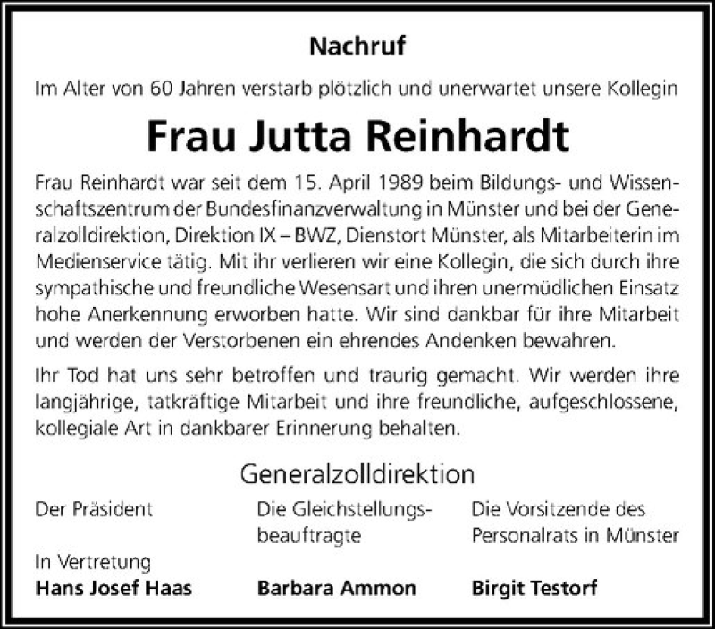  Traueranzeige für Jutta Reinhardt vom 29.03.2017 aus Westfälische Nachrichten