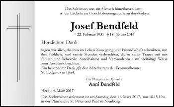Anzeige von Josef Bendfeld von Westfälische Nachrichten